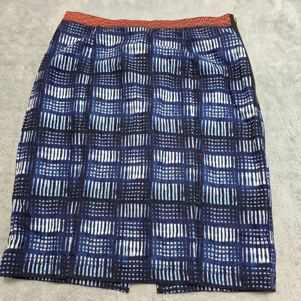 Rachel Rachel Roy Women 4 Blue Geometric Pattern Pencil Skirt Cotton Linen